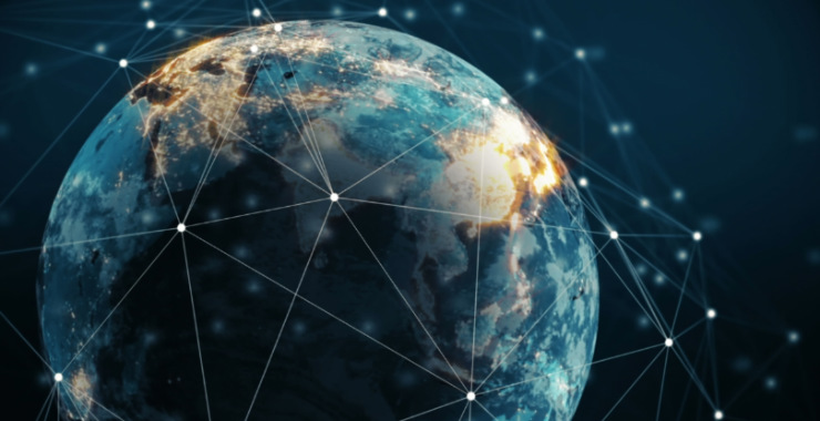 Global digital network visualized across the Earth with connected data nodes.