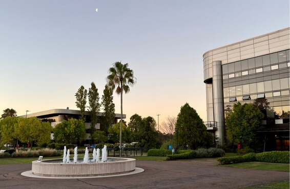Modern business campus with office buildings, fountain, and landscaped gardens.